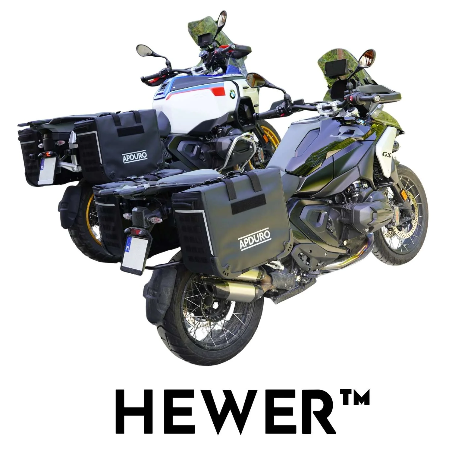 Alforjas semirrígidas Apduro Hewer montadas en dos BMW GS.